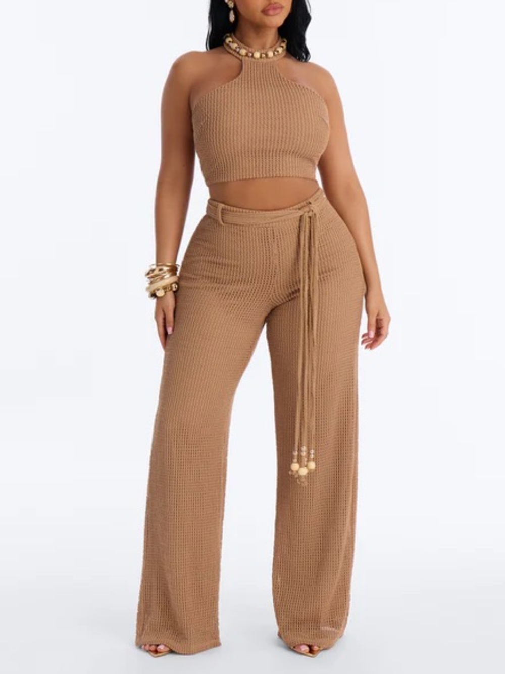 NEW Knit Halter Crop Top & Wide-Leg Pants Set - Camel